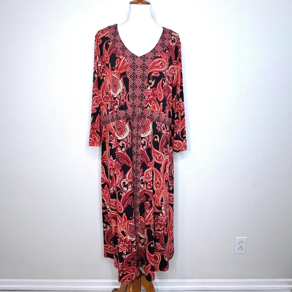 SUSAN GRAVER Liquid Knit Maxi Dress XL Long Sleeves Rust Paisley V-Neck